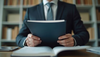 Businessman in suit carefully reads company handbook policy document in office. Male employee reviews manual, studies rules, learns protocol at workplace. Documentation, business, knowledge,