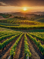Golden sunrise over serene vineyard landscape in rolling hills.