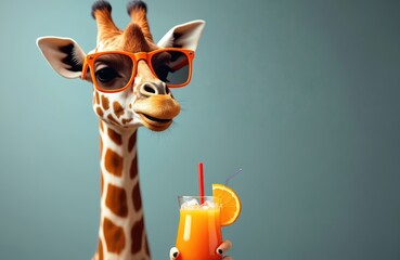 Giraffe in sunglasses holds cocktail. Funny animal portrait, sipping orange juice beverage, refreshment. Zoo character, hipster style, vacation vibes, summer drink, wildlife illustration, tropical