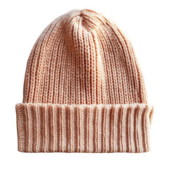 Fototapeta premium Woolen Beanie in Pastel Peach with Soft Ribbed Knit and White Stripe Isolated on Transparent Background