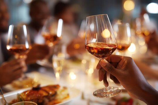 Elegant dining experience featuring a close-up of a hand holding a wine glass filled with rosé wine, surrounded by friends and soft ambient lighting at an exclusive dinner.