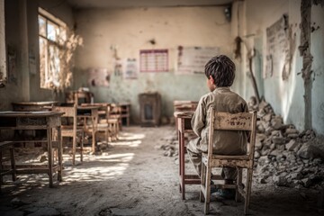 A lone child sits at a desk in a desolate, war-torn classroom, symbolizing resilience and hope for education amidst destruction and adversity, a powerful image.