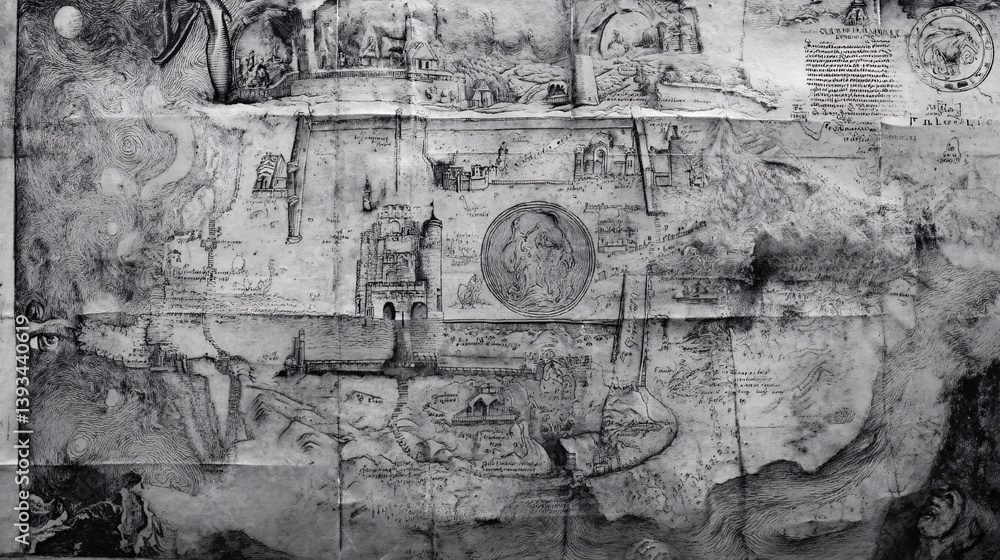 Poster an old map from the medieval period contains secret images detectable only with ultraviolet light.