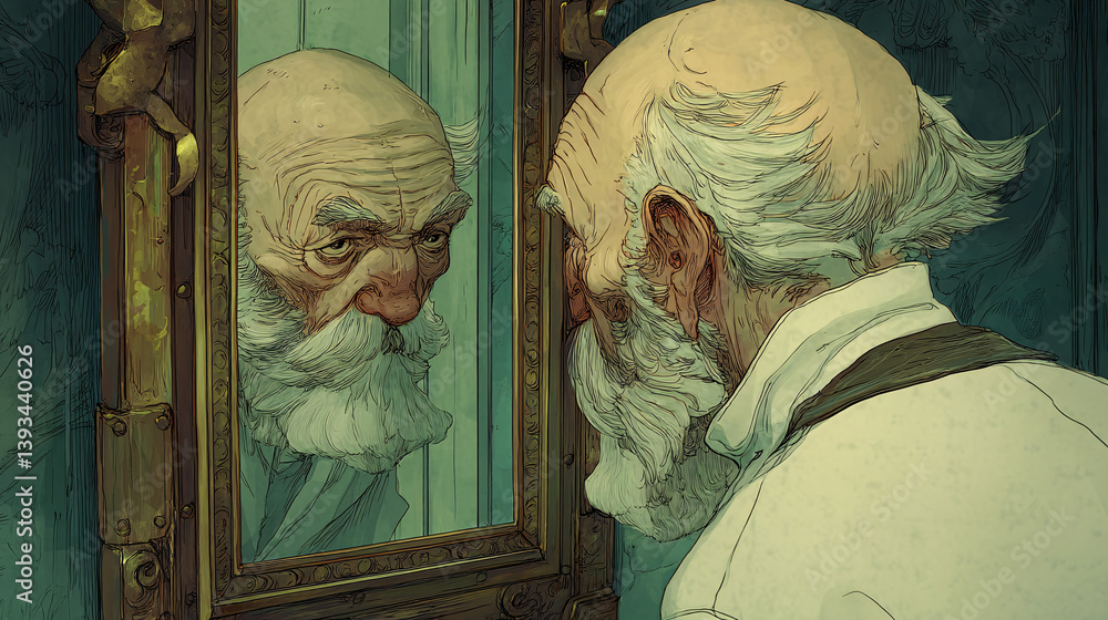 Poster an old mirror displays not a typical reflection, but instead shows a mirrored version of the person 