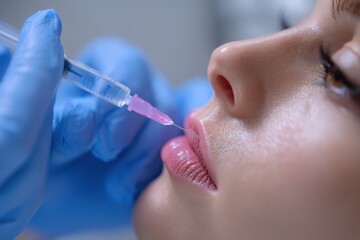 Close-up of a woman receiving lip filler injection for augmentation by a medical professional, emphasizing cosmetic enhancement procedure and aesthetic treatment.