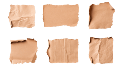 Collection of six torn paper pieces on black background, cut out transparent