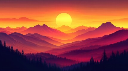 Obraz premium Vibrant sunset over a mountain range