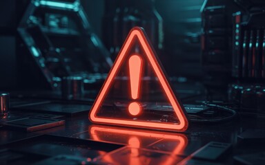 Glowing red alert sign in a dark, futuristic setting.