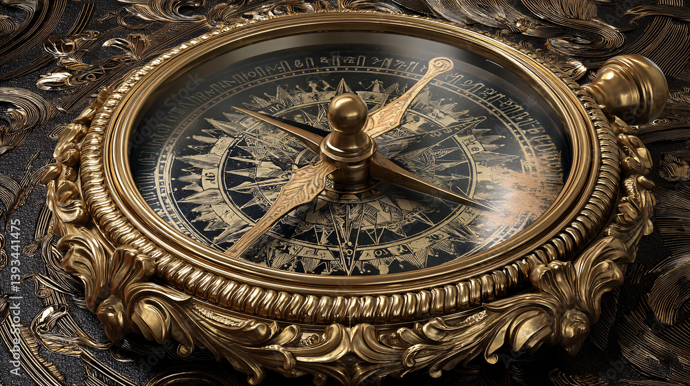 Poster an ornate, classically styled compass used for finding direction.
