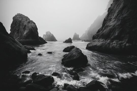Mysterious monochrome seascape featuring rugged rocks and misty sea, conveying a sense of solitude and the powerful beauty of nature, perfect for dramatic landscape photography.