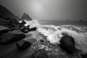 Dramatic black and white seascape featuring powerful waves crashing against rocky shore, with distant mountains and a misty sky creating a moody and atmospheric scene.