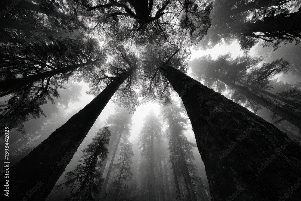 Poster a dramatic monochrome view looking up at towering trees in a misty forest, creating an ethereal and 