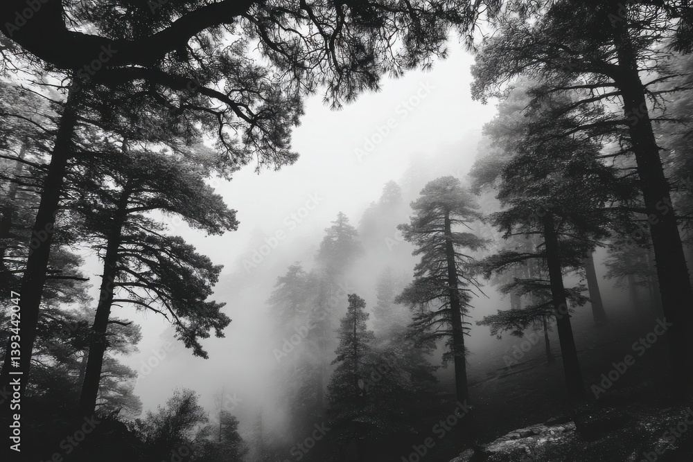 Poster a black and white image of tall pine trees shrouded in mist, creating a serene and mysterious forest
