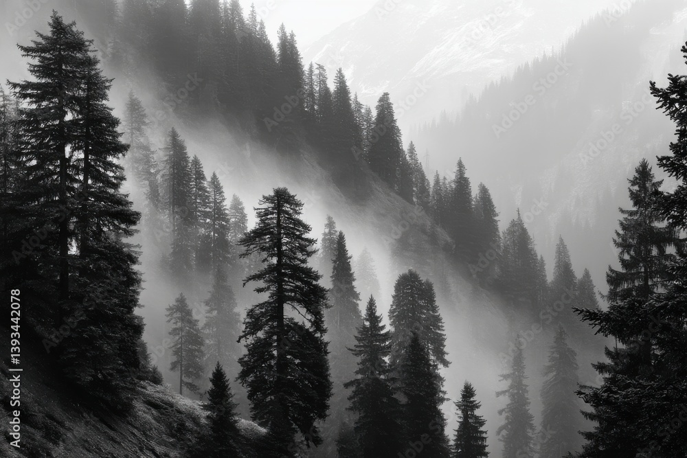 Poster monochromatic image showcasing a mystical forest landscape shrouded in dense fog, with towering tree