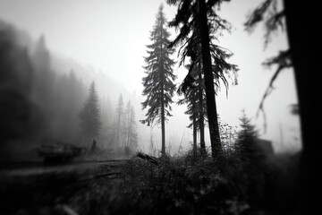 Obraz premium A monochrome forest scene in deep fog, with tall trees shrouded in a misty atmosphere, creating an eerie and mysterious natural landscape, with dark tones and shadows.