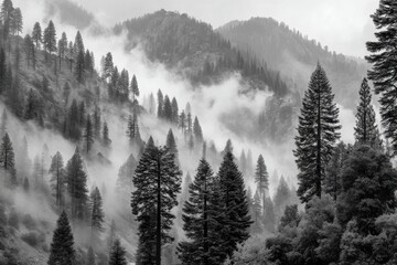 A serene monochrome landscape featuring a dense forest and mountains shrouded in fog, creating a tranquil and atmospheric scene with towering trees.