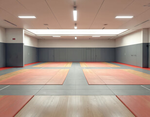 Empty judo dojo with mats, modern design. Studio for martial arts training, self-defense, sport practice, and physical exercise. Space for competitions, wellness, fitness activities, and discipline.