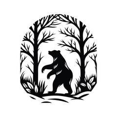 Black Bear Silhouette Walking Among Trees, Wildlife in Circular Frame, Nature Art