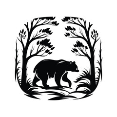 Bear Silhouette Walking through Forest with Trees Black and White