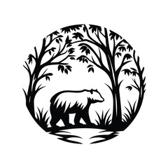 Forest Silhouette Bear Walking Between Trees in Circular Black and White