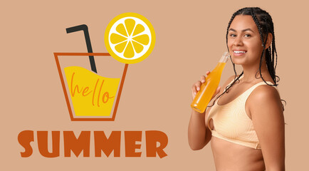 Beautiful young African-American woman in stylish swimsuit with bottle of cocktail on brown background