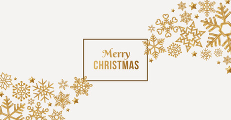 Snowflakes border, Merry Christmas frame. Snow wave poster. Golden snow flakes stars on white background. Vector illustration. Place for text. Gold 3d winter pattern, banner flyer, holiday template