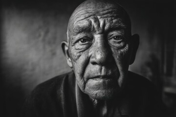 A compelling close-up portrait of an elderly, bald man in black and white, capturing the profound depth of his life experience and character.