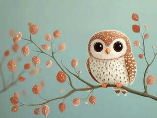 Fototapeta premium Cute owl perched on branch, surrounded by autumn leaves