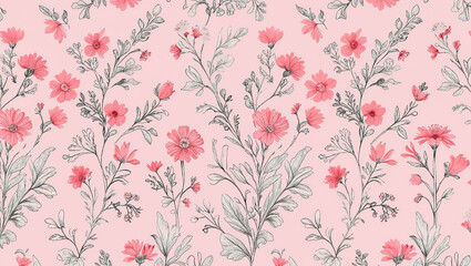 Pink Floral Pattern with Green Leaves on a Soft Background