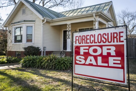 Foreclosed home with 'For Sale' sign.