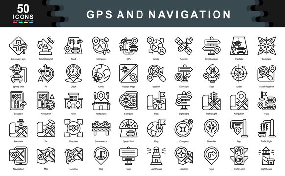 Gps and Navigation icon collection set. Simple line vector illustration.