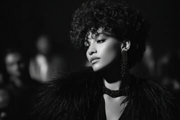 A sophisticated woman with a chic afro hairstyle and statement jewelry exudes elegance at a glamorous event, captured in a stunning monochrome portrait.