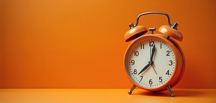 Vintage orange alarm clock on orange background with copy space. Retro time, antique clock with details. Classic design, decoration, reminder, display. Analog clock. Watch shows almost eight oclock.