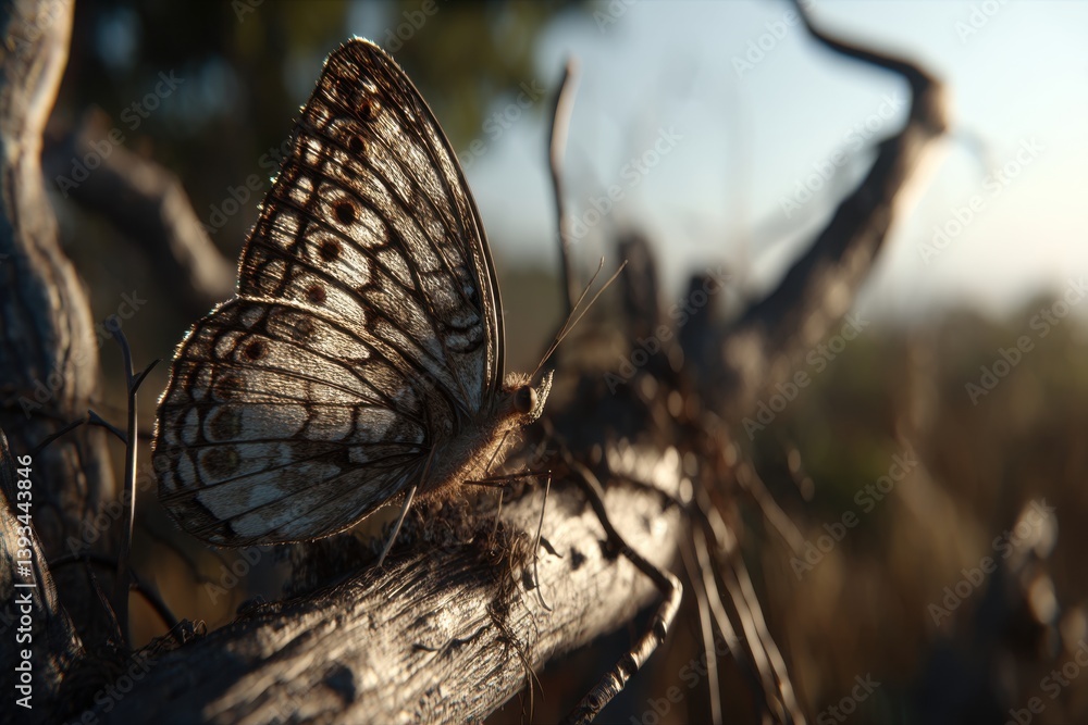 Poster detailed close-up of a junonia butterfly resting on a dry branch, its delicate wings displaying intr