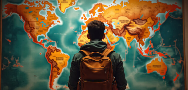 Young student stands before a world map, backpack. Represents travel abroad, education, culture, learning, adventure. Explore new horizons, discover global geography, expand worldview.