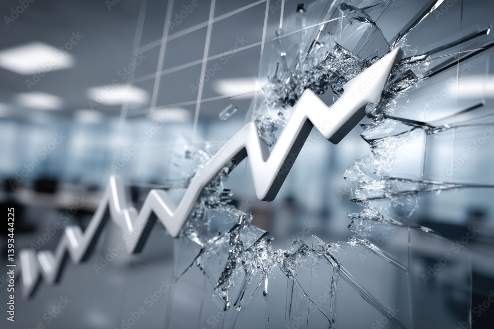 Poster a dramatic image of a stock market graph breaking through a barrier, with the graph in sharp focus a