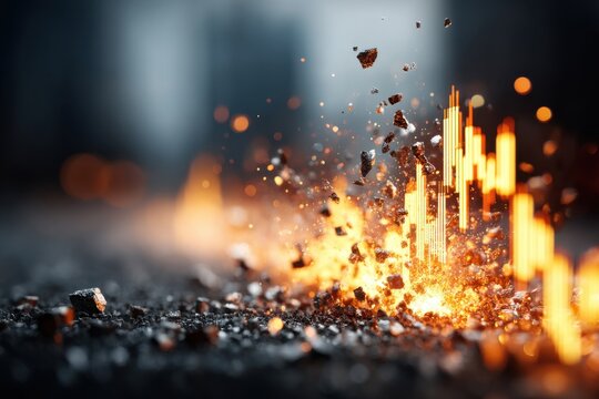 Fiery economic downfall: a stock market graph implodes amidst falling debris, symbolizing financial crisis, volatility, and the collapse of investment strategies with urban backdrop.