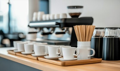 A modern coffee station is set up with cups and an espresso machine ready for service.