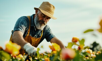 A seasoned gardener prunes his vibrant roses with care on a bright, sunny afternoon.