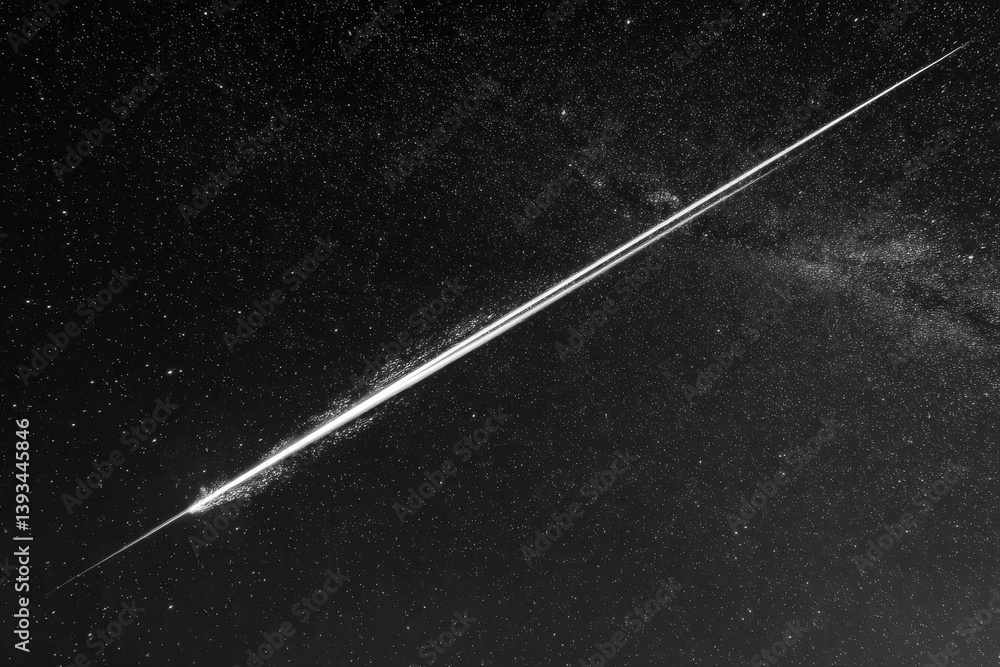 Poster a mesmerizing view of a star trail streaking across the night sky, creating a dynamic and celestial 