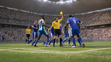 Fototapeta premium Referee issues yellow card during intense soccer match players protest