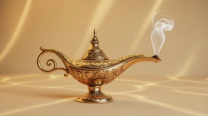Ornate golden genie lamp emitting smoke.
