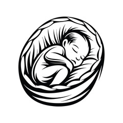 Minimalist Contour African Baby Sleeping Peacefully, Nestled in a Bed of Leaves, Black & White