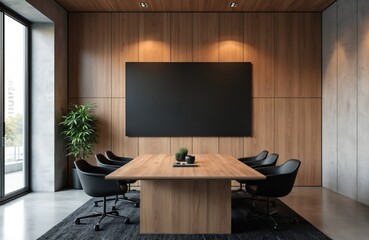 Modern minimalist meeting room interior. Wooden and concrete elements, black mock-up screen, conference table, chairs. Empty office space with natural light, ideal business presentation background.