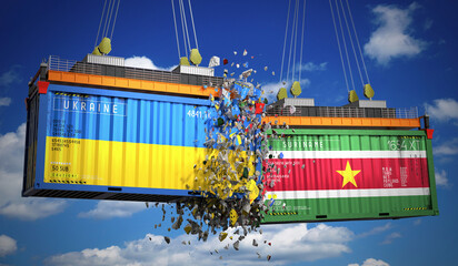 Cargo containers with flags of Ukraine and Suriname - 3D illustration