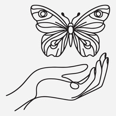 One continuous line drawing of hand holding butterfly
