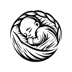 Sleeping Baby Tribal Silhouette, Infant Asleep, Curved Nest, Monochromatic Art