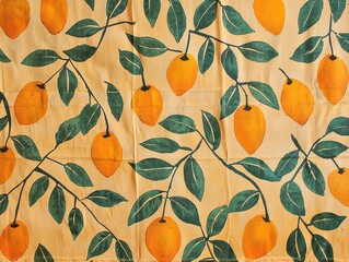 A textile with a pattern of stylized orange-colored fruit hanging from leafy branches against a soft yellow background, creating a vibrant design.