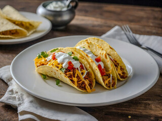 Fototapeta premium Golden tacos with salsa, cabbage, cheese, and cream on a white plate.