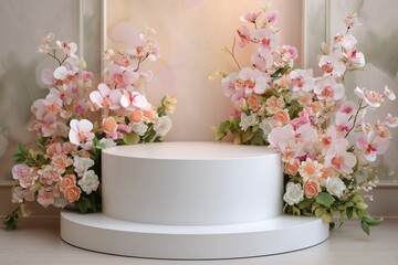 A white circular podium surrounded by delicate colorful five orchids flowers and lush greenery, offering a soft, elegant floral backdrop. Perfect for banners, product displays, or perfume advertising